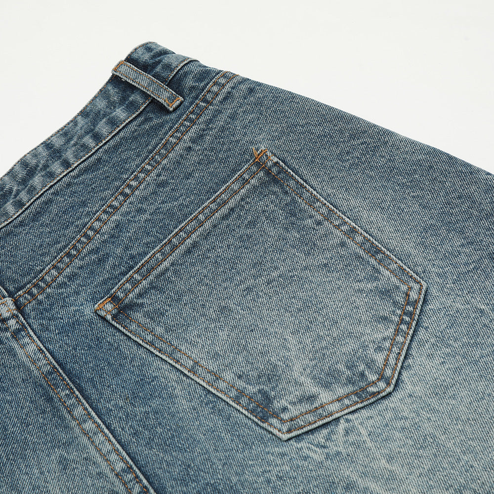 Punk Washed Faded Denim Straight Five-Quarter Pants Men's Distressed Loose Wide-Leg Casual Work Shorts Street Trendy
