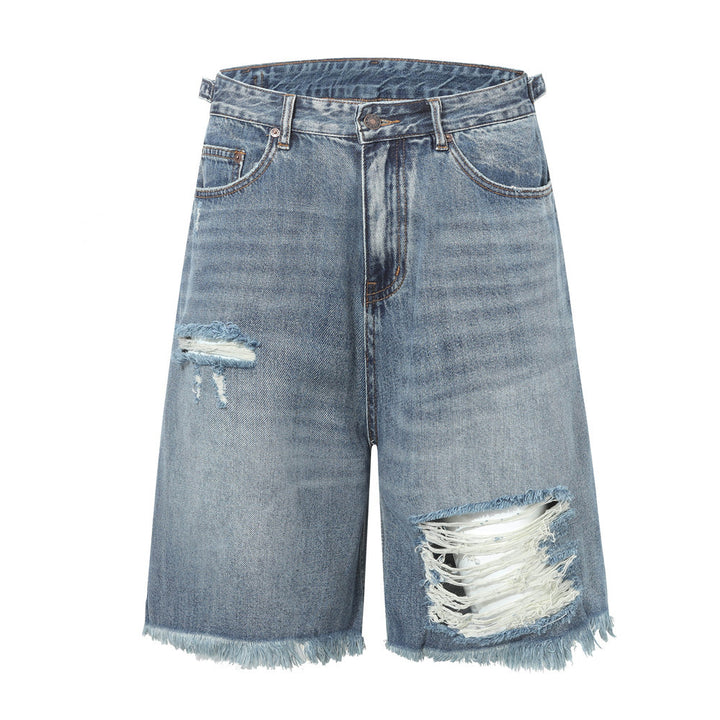 Ripped washed denim five quarter pants