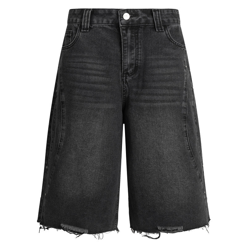 Vintage Washed Denim Shorts for Men Loose Straight Leg Casual Pants