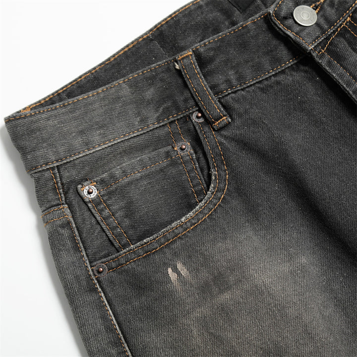 Punk Faded Washed Denim Shorts Men's Straight Leg Summer Ink Splatter Wide-Leg Five-Point Pants Trendy