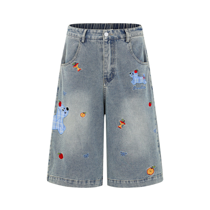 Washed Vintage Cartoon Plaid Puppy Embroidered Seven-Quarter Denim Pants Men's Versatile Casual Mid-Length Shorts