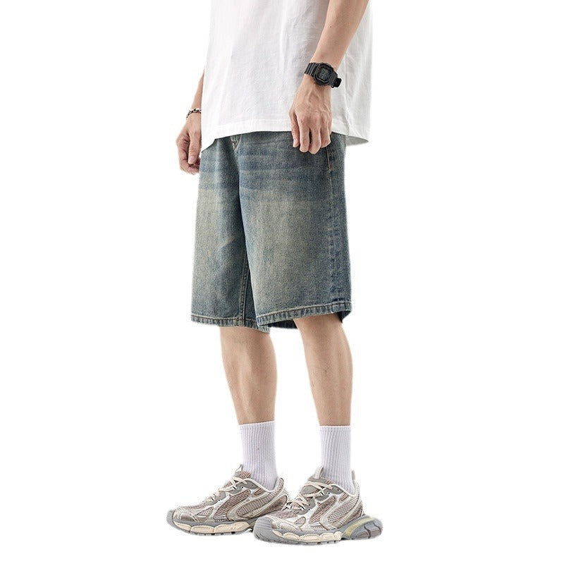 Denim shorts men's trendy brand loose straight-leg jodhpurs five-quarter pants casual versatile summer mid-pants