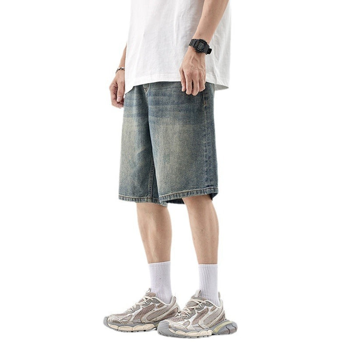 Denim shorts men's trendy brand loose straight-leg jodhpurs five-quarter pants casual versatile summer mid-pants