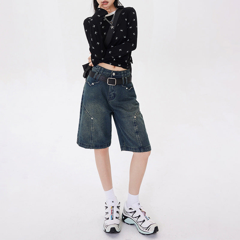 Women's Five-Quarter Pants Denim Pants Loose Hip-Covering American High Street Shorts