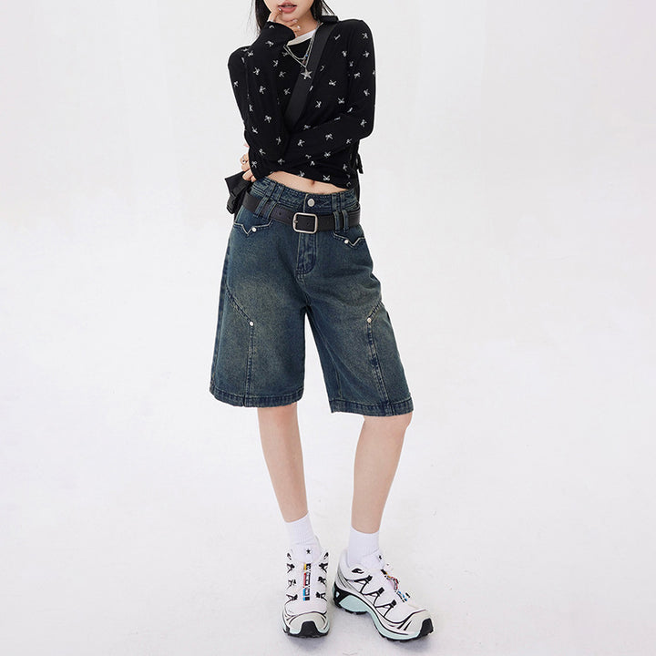 Women's Five-Quarter Pants Denim Pants Loose Hip-Covering American High Street Shorts