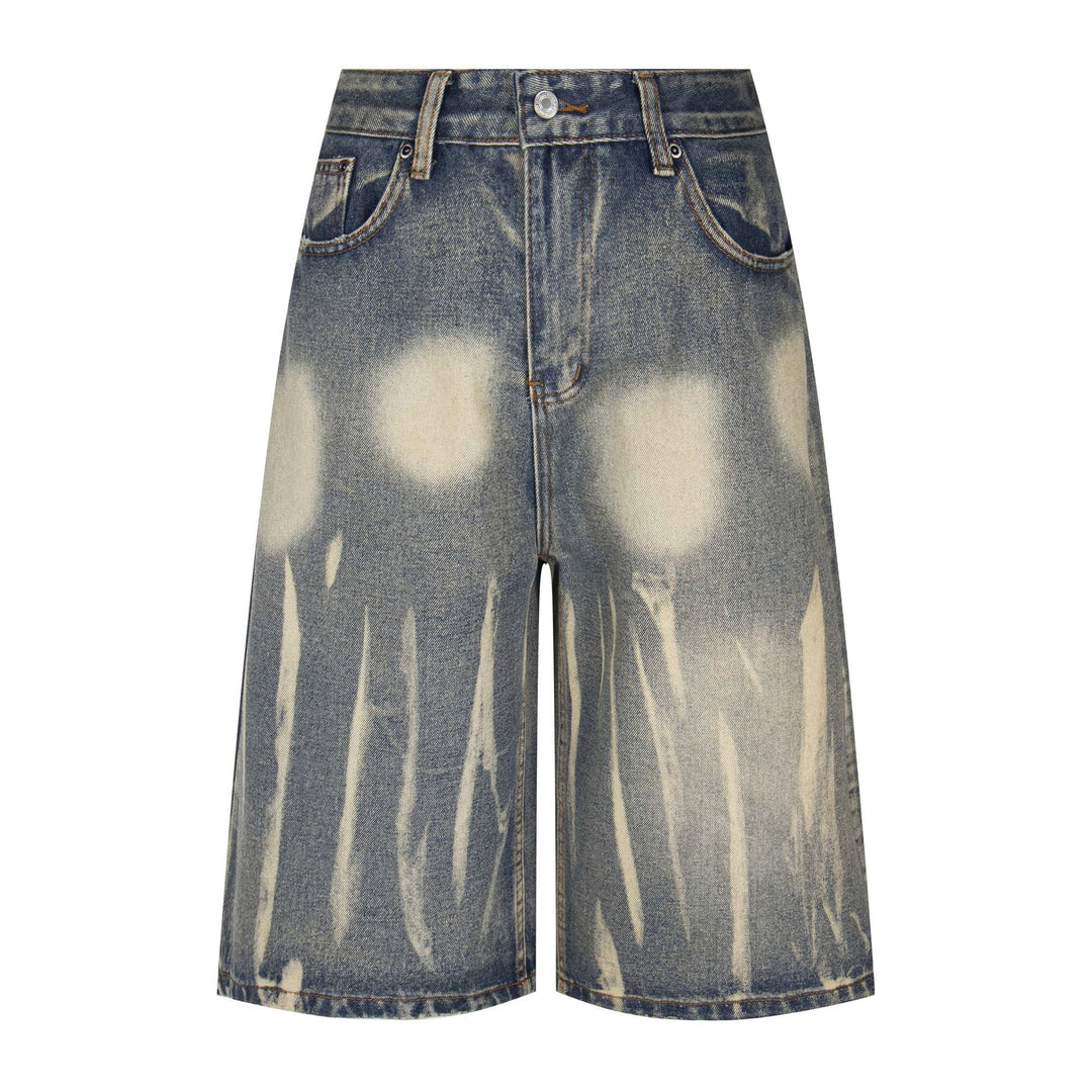 Retro Washed Distressed Denim Shorts Unisex Loose Wide-Leg Straight Leg Three-Quarter Pants