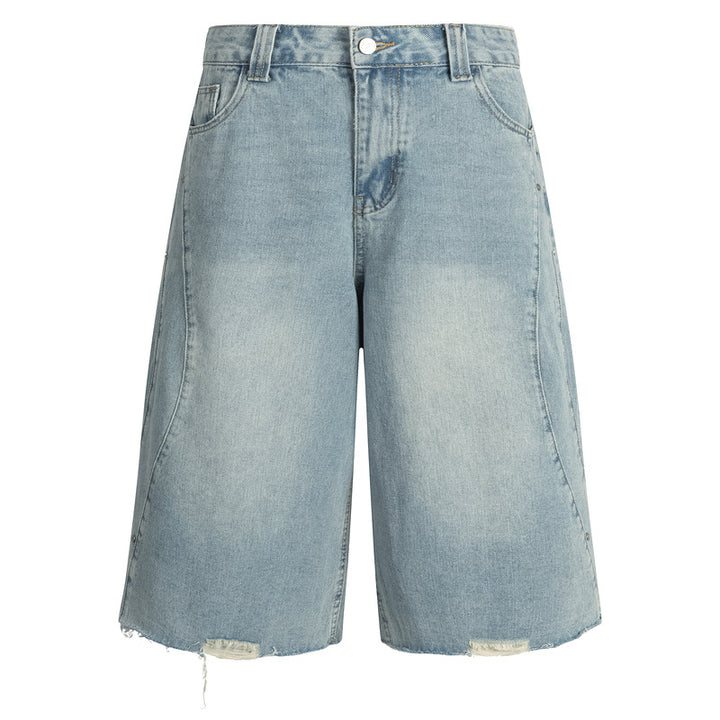 Vintage Washed Denim Shorts for Men Loose Straight Leg Casual Pants
