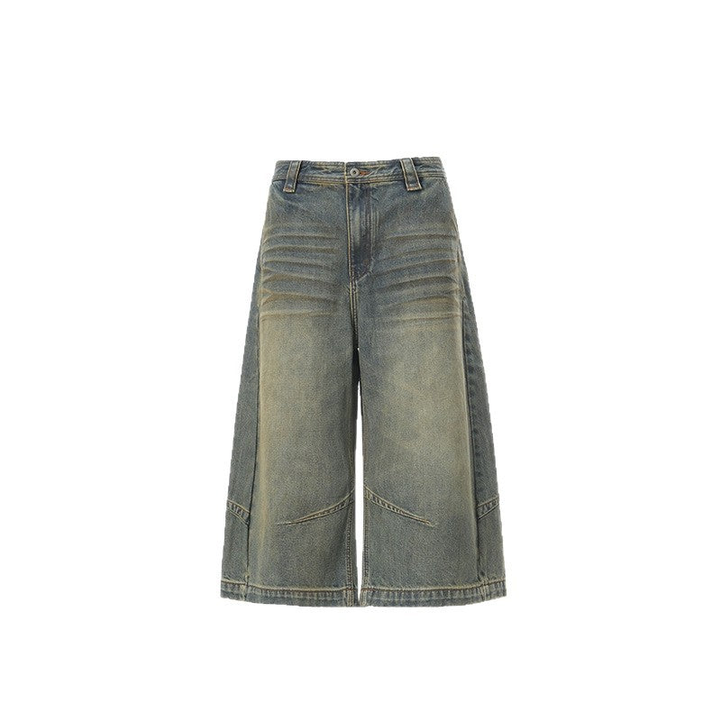 Retro Deconstructed Knife-Edge Denim Shorts Street Distressed Washed Casual Wide-Leg Three-Quarter Pants