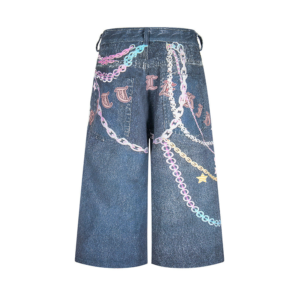 Chain printed washed denim seven quarter pants straight leg shorts