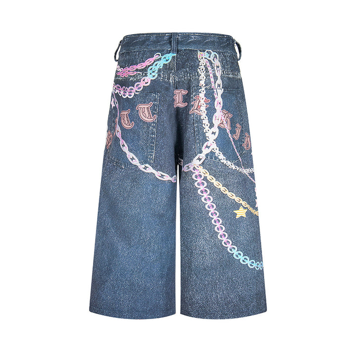Chain printed washed denim seven quarter pants straight leg shorts