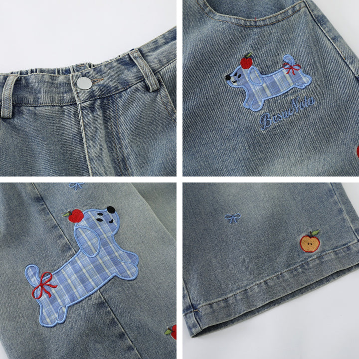 Washed Vintage Cartoon Plaid Puppy Embroidered Seven-Quarter Denim Pants Men's Versatile Casual Mid-Length Shorts