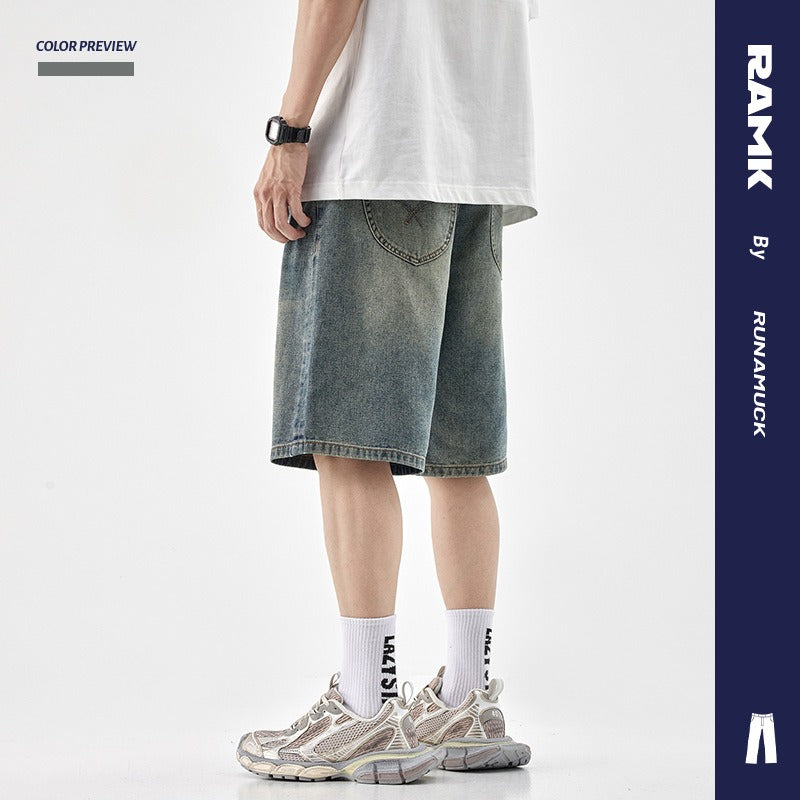 Denim shorts men's trendy brand loose straight-leg jodhpurs five-quarter pants casual versatile summer mid-pants