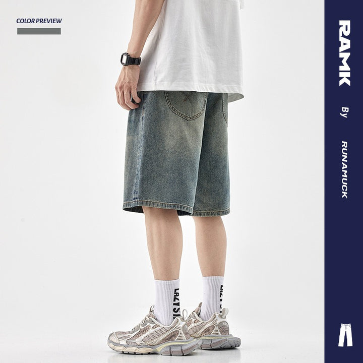 Denim shorts men's trendy brand loose straight-leg jodhpurs five-quarter pants casual versatile summer mid-pants