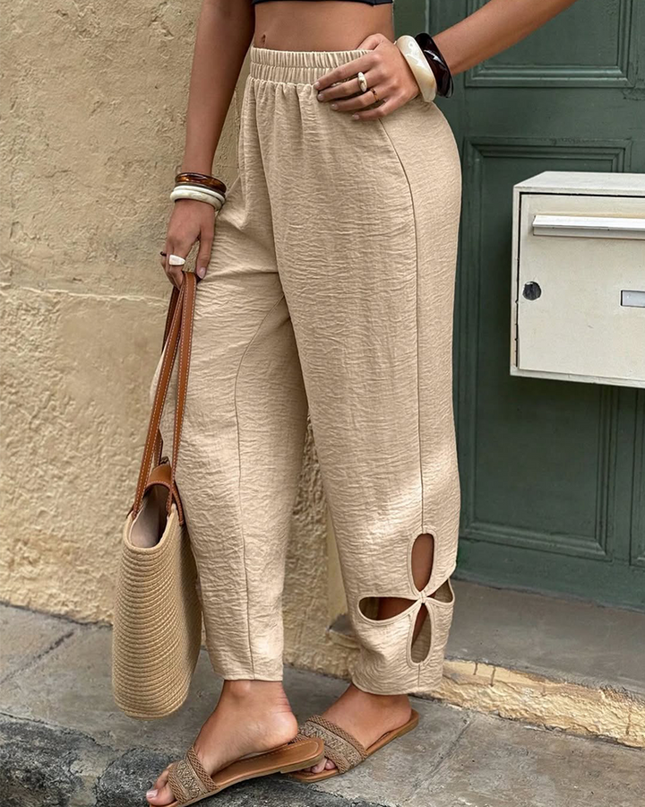 Textured Floral Pattern Cut-Out Hem Casual Pants