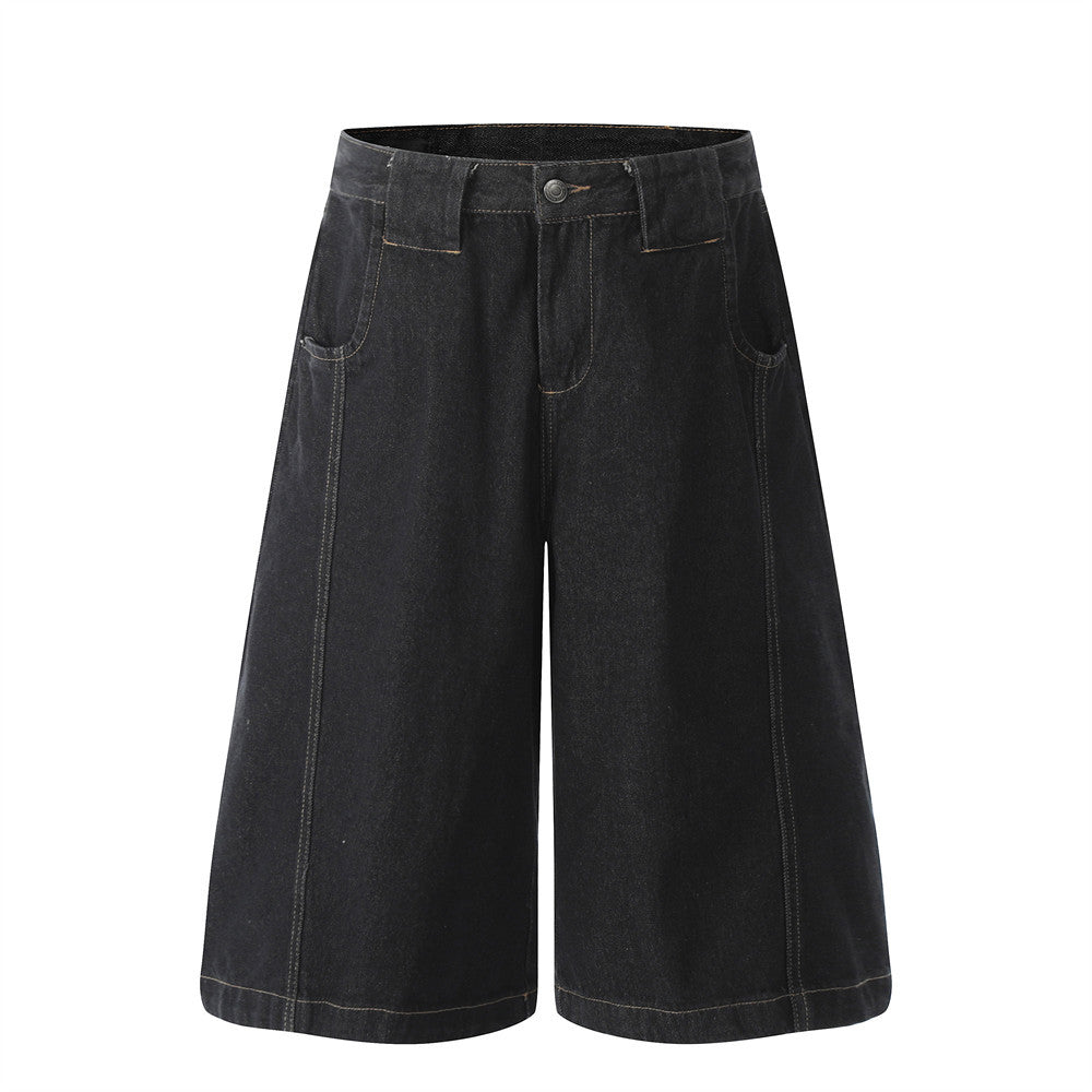 Loose Wide-Leg Seven-Quarter Denim Trousers Men's Workwear Casual Shorts High Street Segmentation Deconstruction Design Five-Quarter Pants