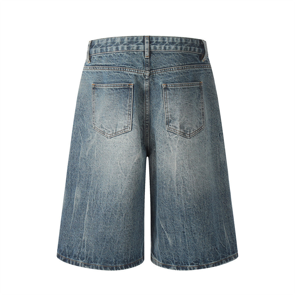 Punk Washed Faded Denim Straight Five-Quarter Pants Men's Distressed Loose Wide-Leg Casual Work Shorts Street Trendy