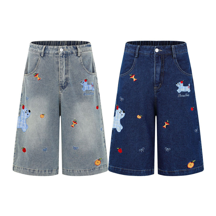 Washed Vintage Cartoon Plaid Puppy Embroidered Seven-Quarter Denim Pants Men's Versatile Casual Mid-Length Shorts