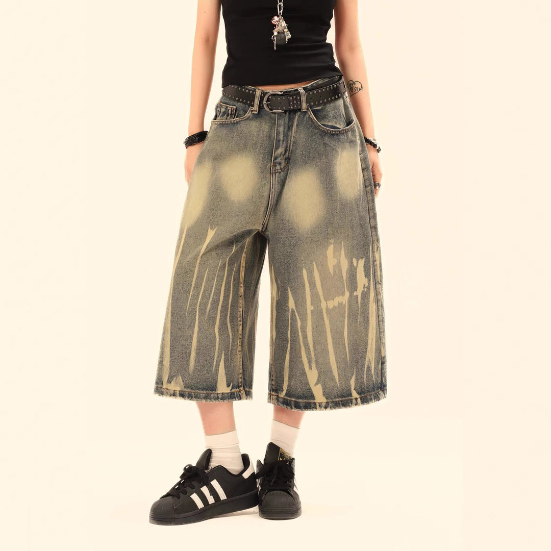 Retro Washed Distressed Denim Shorts Unisex Loose Wide-Leg Straight Leg Three-Quarter Pants