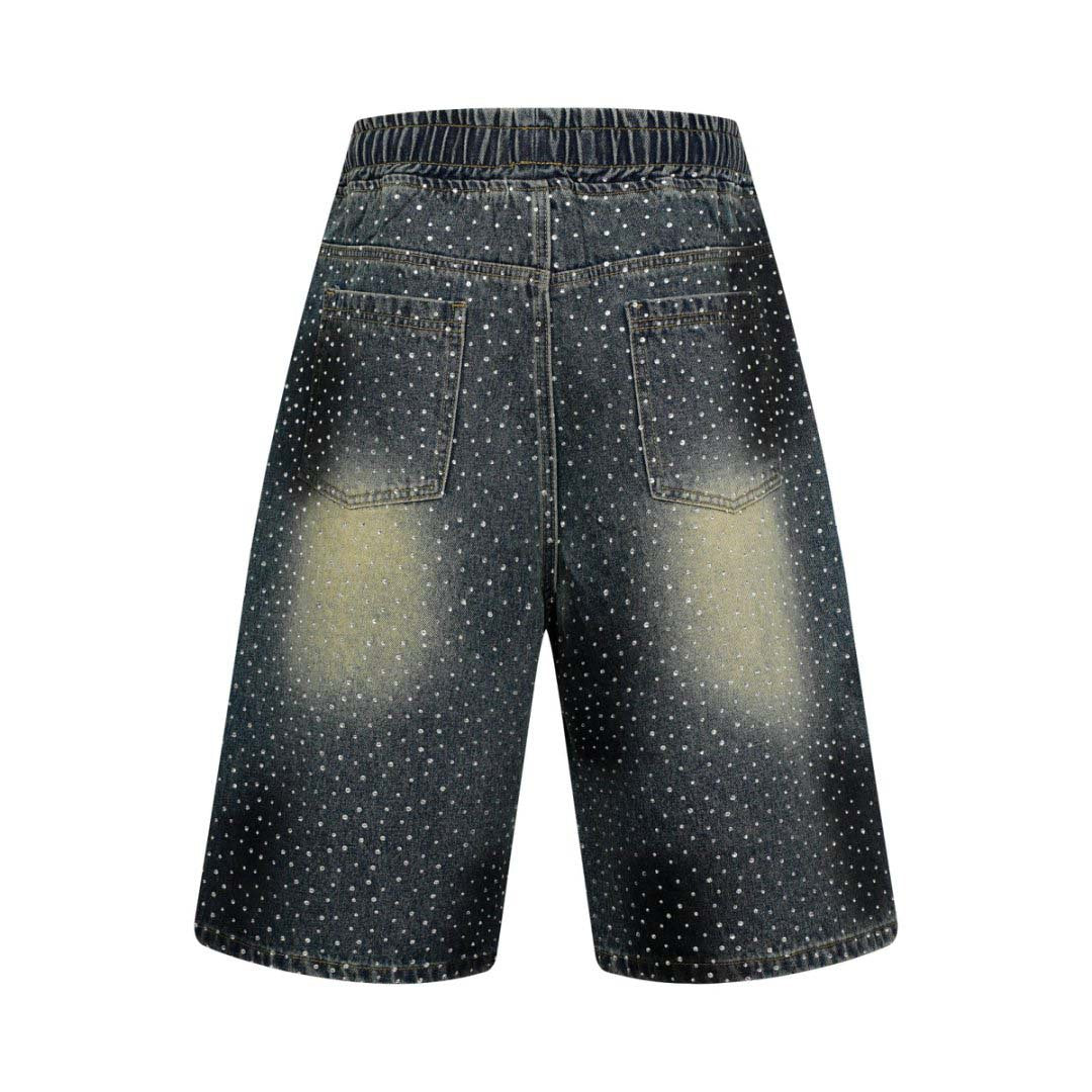 Washed Vintage Graffiti Rhinestone Denim Shorts Men's Loose Wide Leg Elastic Waist Five-Point Pants