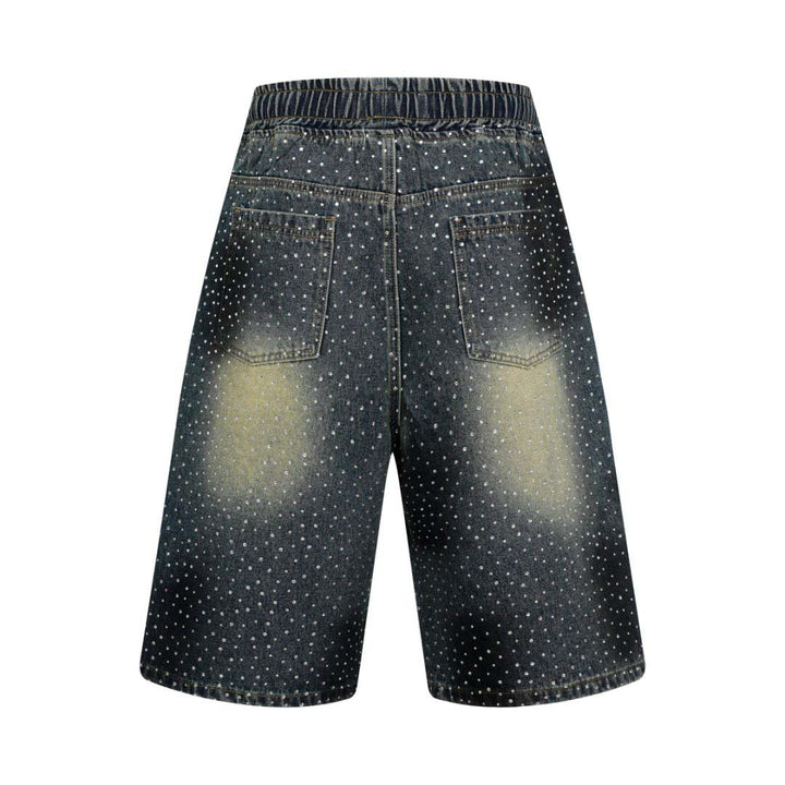 Washed Vintage Graffiti Rhinestone Denim Shorts Men's Loose Wide Leg Elastic Waist Five-Point Pants