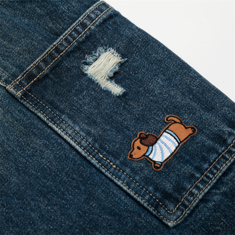 Workwear Denim Shorts Men's Summer Pocket Embroidery Washed Distressed Loose Wide-Leg Five-Point Pants Trendy