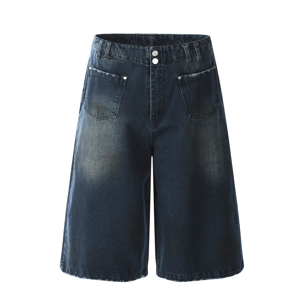 Reversible Design Denim Shorts Men's Summer Loose   Vibe Washed Straight Leg Five-Quarter Pants