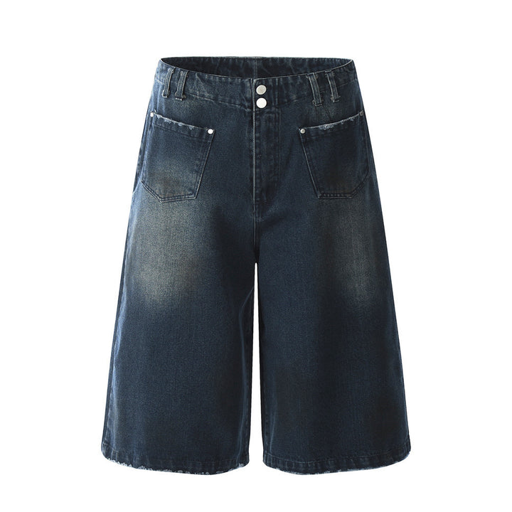 Reversible Design Denim Shorts Men's Summer Loose   Vibe Washed Straight Leg Five-Quarter Pants