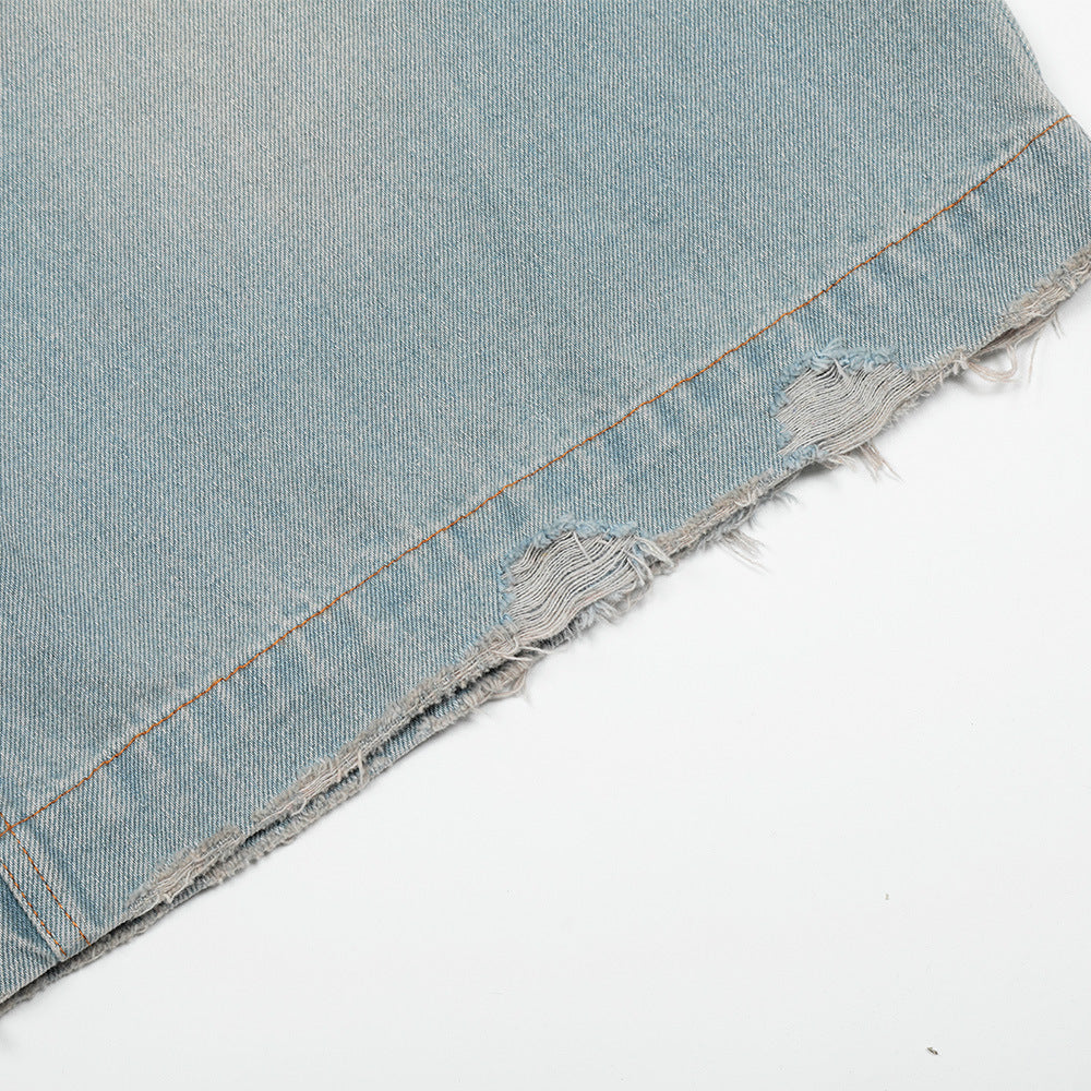 Hole-Washed Denim Shorts Men's Loose   Retro Trendy Versatile Ripped Straight Leg Five-Point Pants