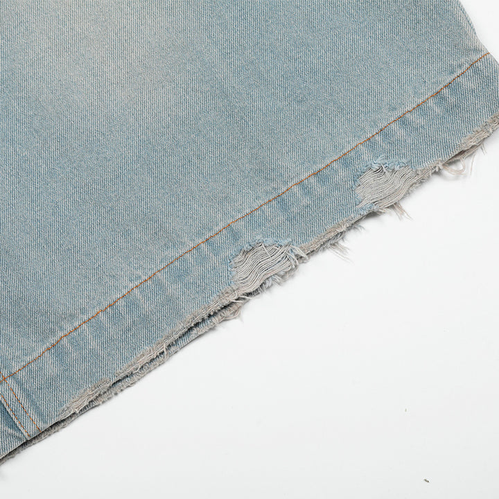 Hole-Washed Denim Shorts Men's Loose   Retro Trendy Versatile Ripped Straight Leg Five-Point Pants