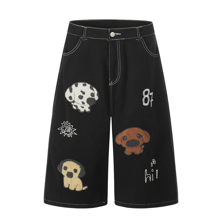 Puppy plush embroidered washed denim five quarter pants