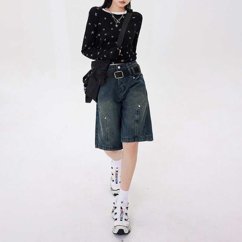 Women's Five-Quarter Pants Denim Pants Loose Hip-Covering American High Street Shorts