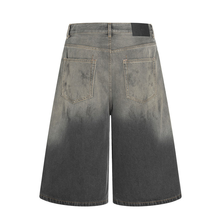 Punk Faded Washed Denim Shorts Men's Straight Leg Summer Ink Splatter Wide-Leg Five-Point Pants Trendy