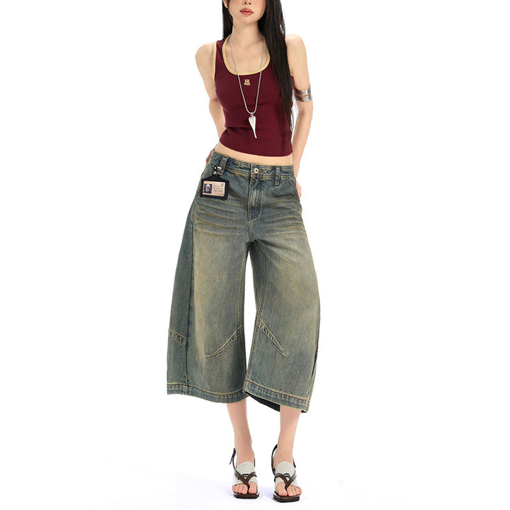 Retro Deconstructed Knife-Edge Denim Shorts Street Distressed Washed Casual Wide-Leg Three-Quarter Pants