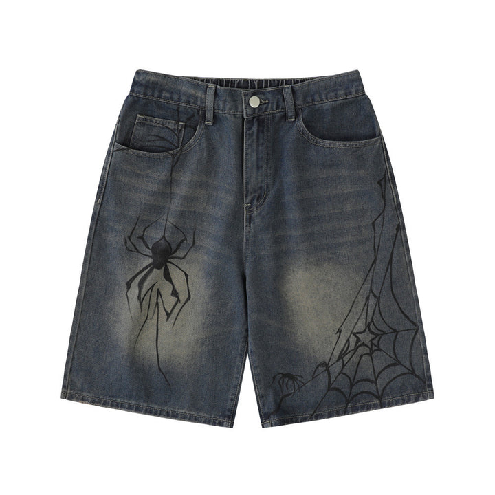 Unique Spider Print Denim Shorts for Men Loose Fit Casual Washed Faded Five-Point Pants American Retro Style