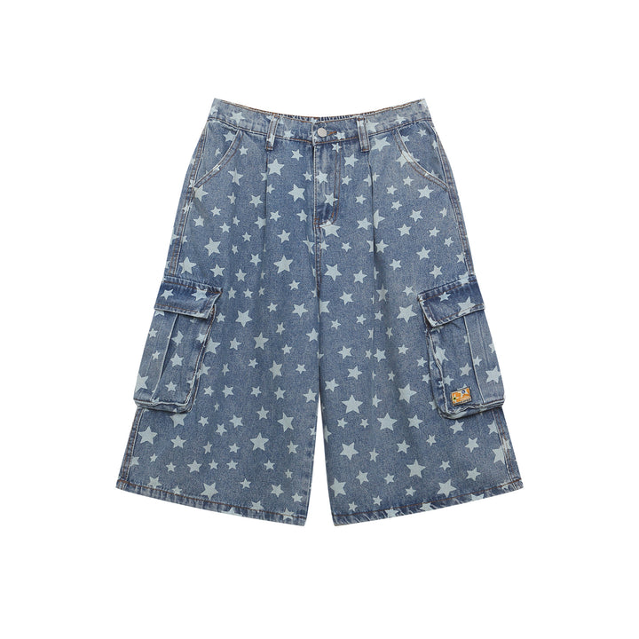 Retro Washed Star Full Print Seven-Quarter Denim Pants Men's Hip Hop Casual Loose Wide Leg Mid-Length Shorts