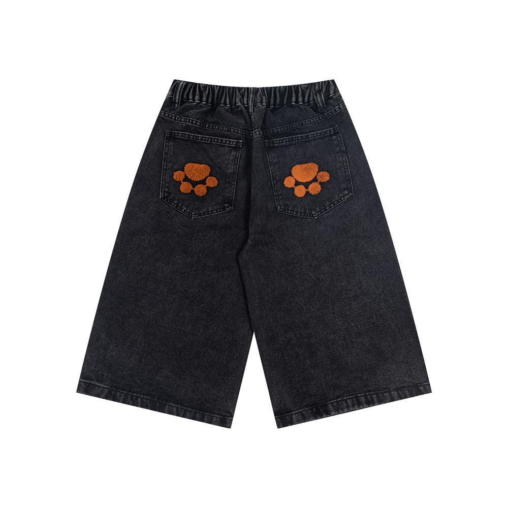 Loose denim five quarter pants