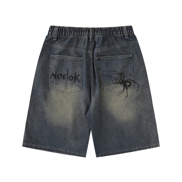Unique Spider Print Denim Shorts for Men Loose Fit Casual Washed Faded Five-Point Pants American Retro Style