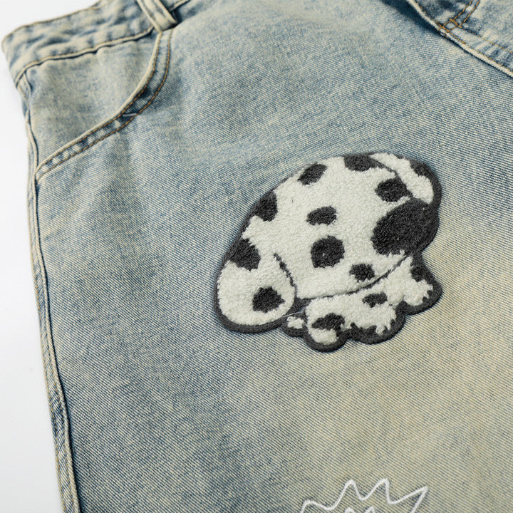 Puppy plush embroidered washed denim five quarter pants