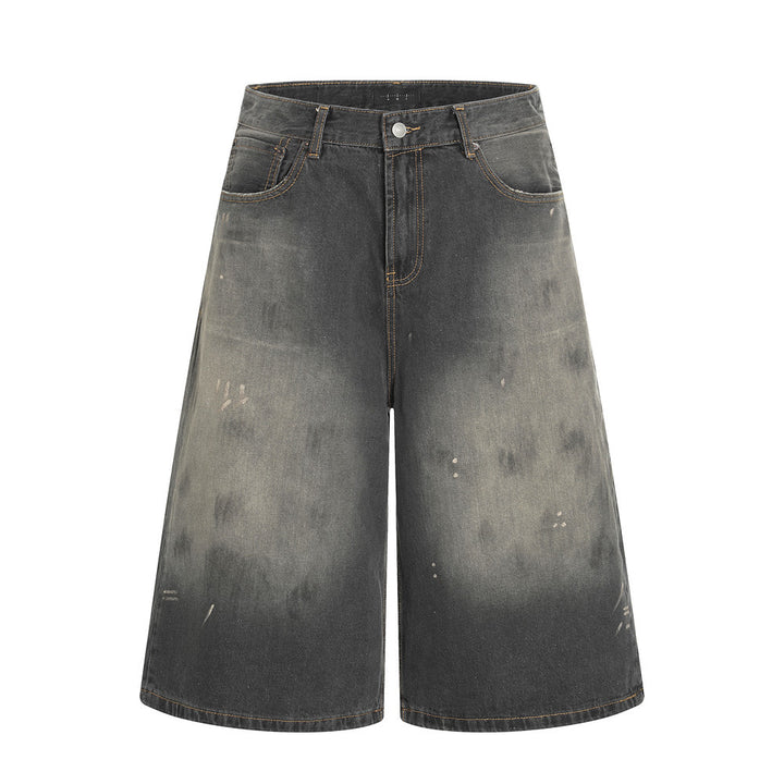 Punk Faded Washed Denim Shorts Men's Straight Leg Summer Ink Splatter Wide-Leg Five-Point Pants Trendy