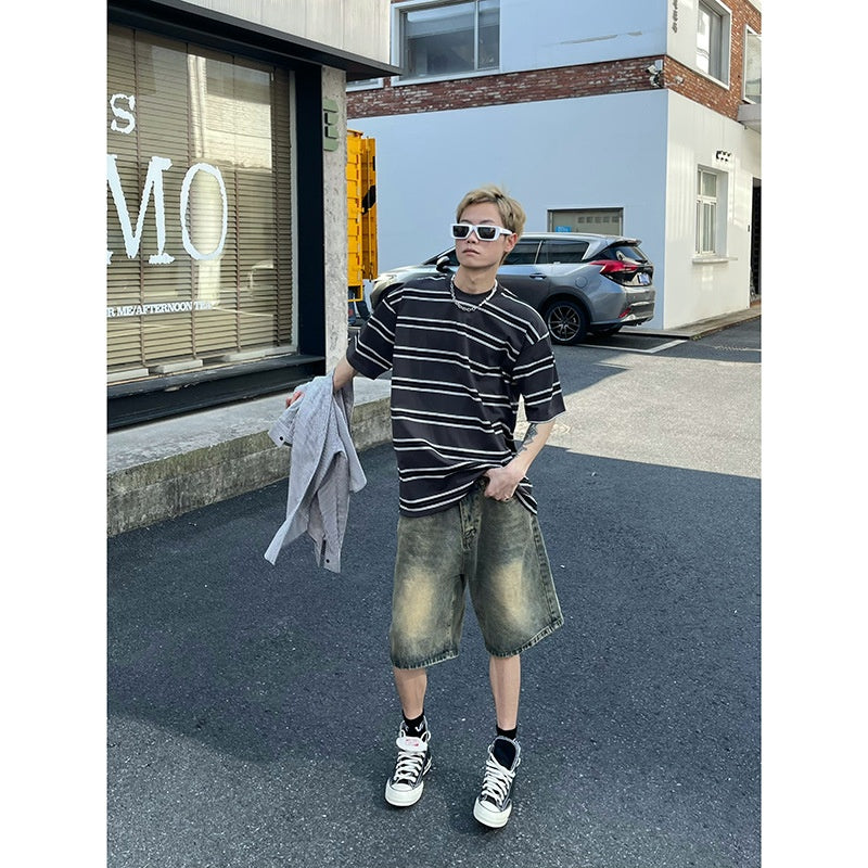 Blue denim shorts casual loose five quarter pants for men