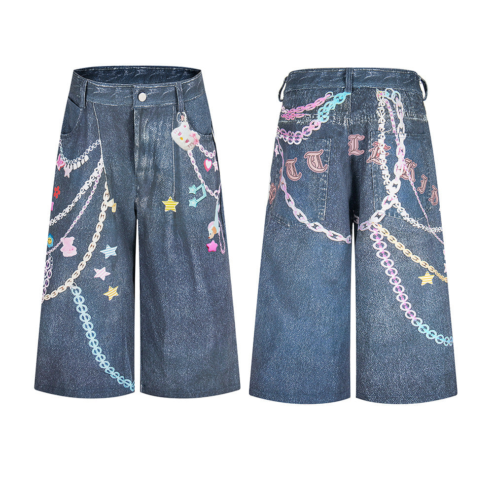 Chain printed washed denim seven quarter pants straight leg shorts