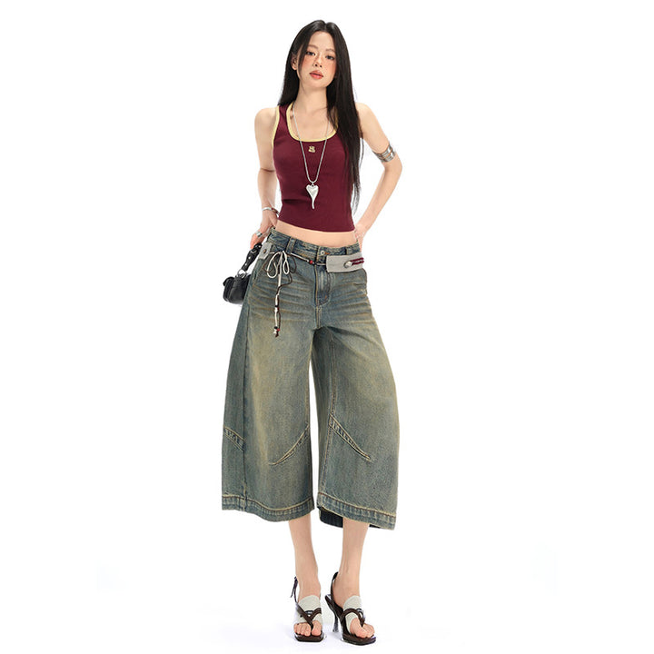 Retro Deconstructed Knife-Edge Denim Shorts Street Distressed Washed Casual Wide-Leg Three-Quarter Pants