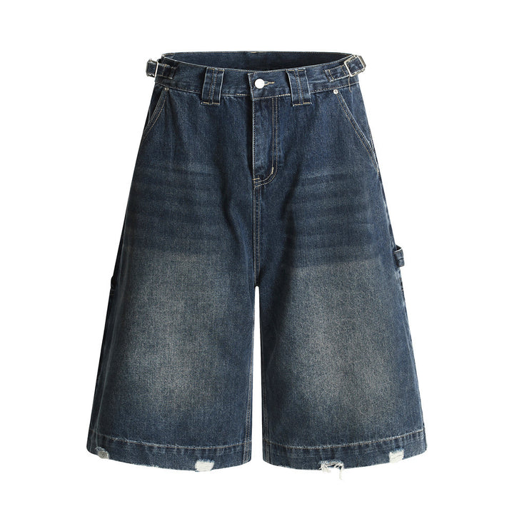 Workwear Denim Shorts Men's Summer Pocket Embroidery Washed Distressed Loose Wide-Leg Five-Point Pants Trendy