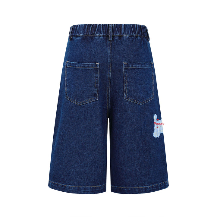 Washed Vintage Cartoon Plaid Puppy Embroidered Seven-Quarter Denim Pants Men's Versatile Casual Mid-Length Shorts