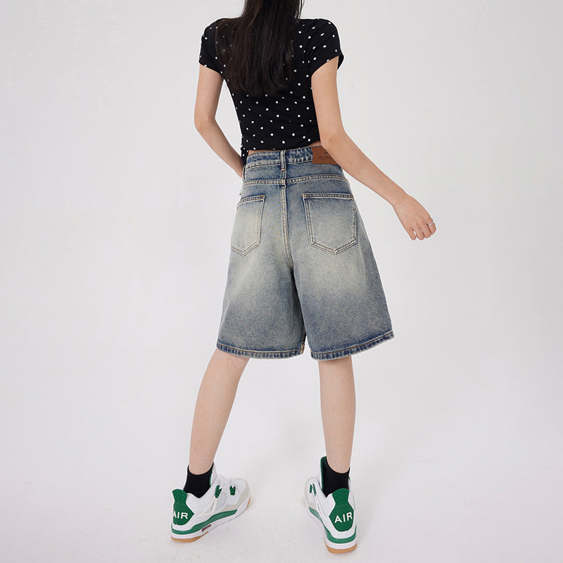 Orange Silk Women's Vintage Washed Denim Shorts  Five-Quarter Pants