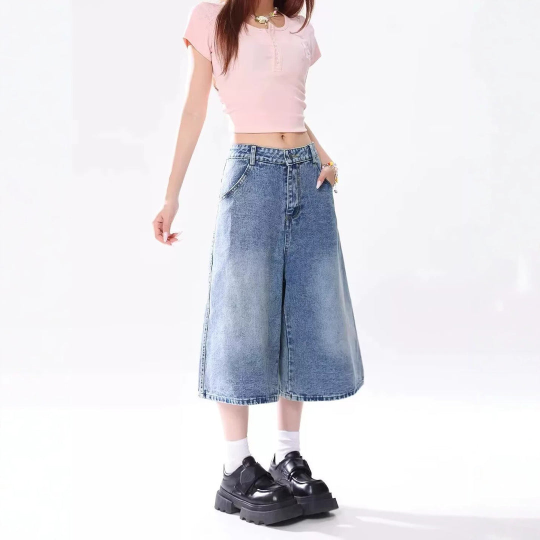 Vintage Star Print Denim Capri Pants Lightweight Loose Washed Wide Leg Shorts