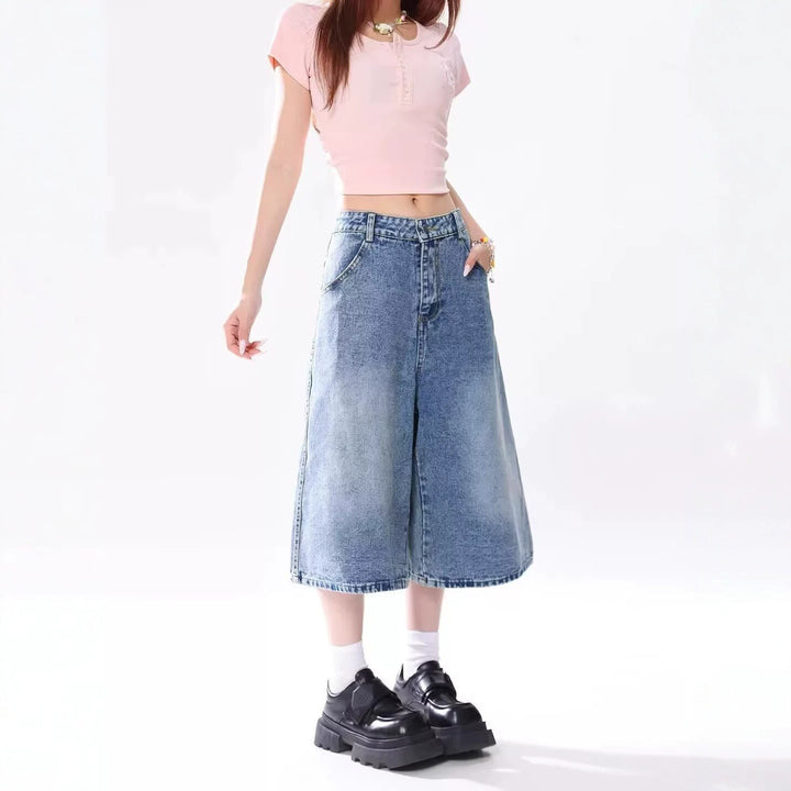 Vintage Star Print Denim Capri Pants Lightweight Loose Washed Wide Leg Shorts