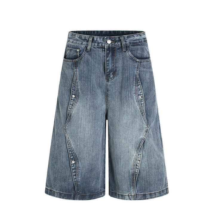 Riveted Deconstructed Denim Short Men's Loose American Street Style Washed Straight Leg Five-Quarter Pants