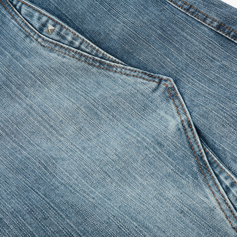 Riveted Deconstructed Denim Short Men's Loose American Street Style Washed Straight Leg Five-Quarter Pants