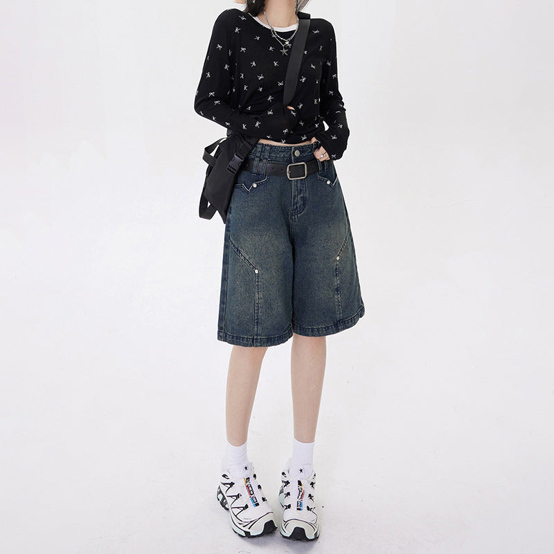 Women's Five-Quarter Pants Denim Pants Loose Hip-Covering American High Street Shorts